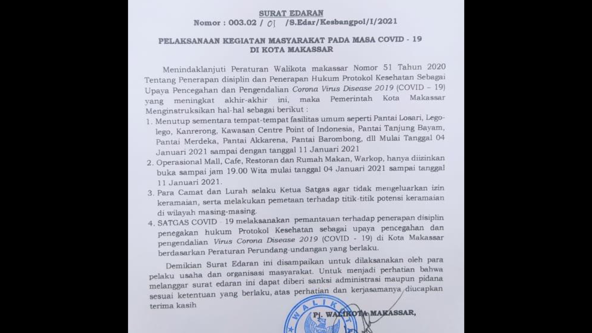 Aturan Pembatasan Jam Operasional Bagi Pelaku Usaha di Makassar Diperpanjang Hingga 11 Januari 2021